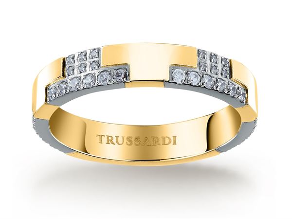 Trussardi Blyštivý bicolor prsteň z ocele T-Logo TJAXC39 52 mm